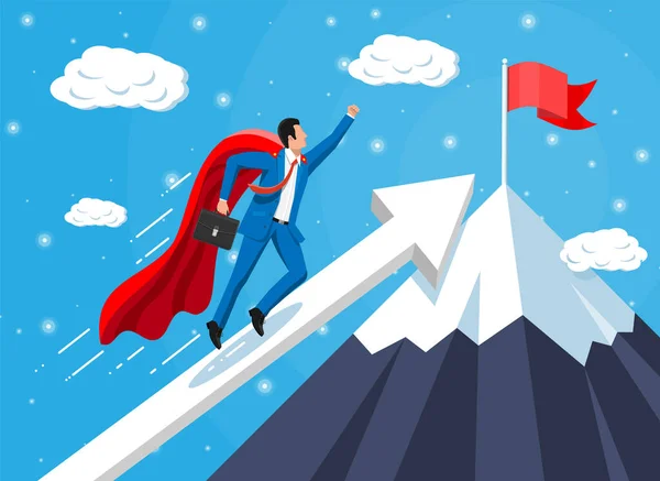Super businessman on mountain chart ladder — Stock Vector