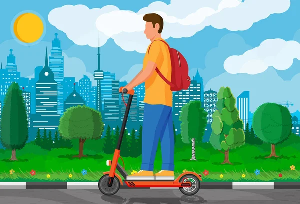 Guy with backpack rolling on electric scooter. — Stock Vector