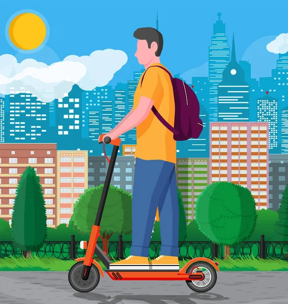 Guy avec sac à dos roulant sur scooter électrique. — Image vectorielle