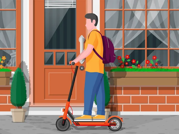 Guy met rugzak rollen op elektrische scooter. — Stockvector