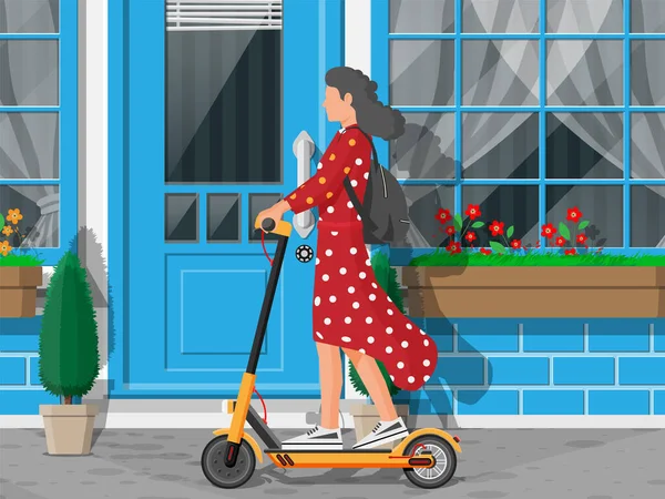 Fille avec sac à dos roulant sur scooter électrique. — Image vectorielle