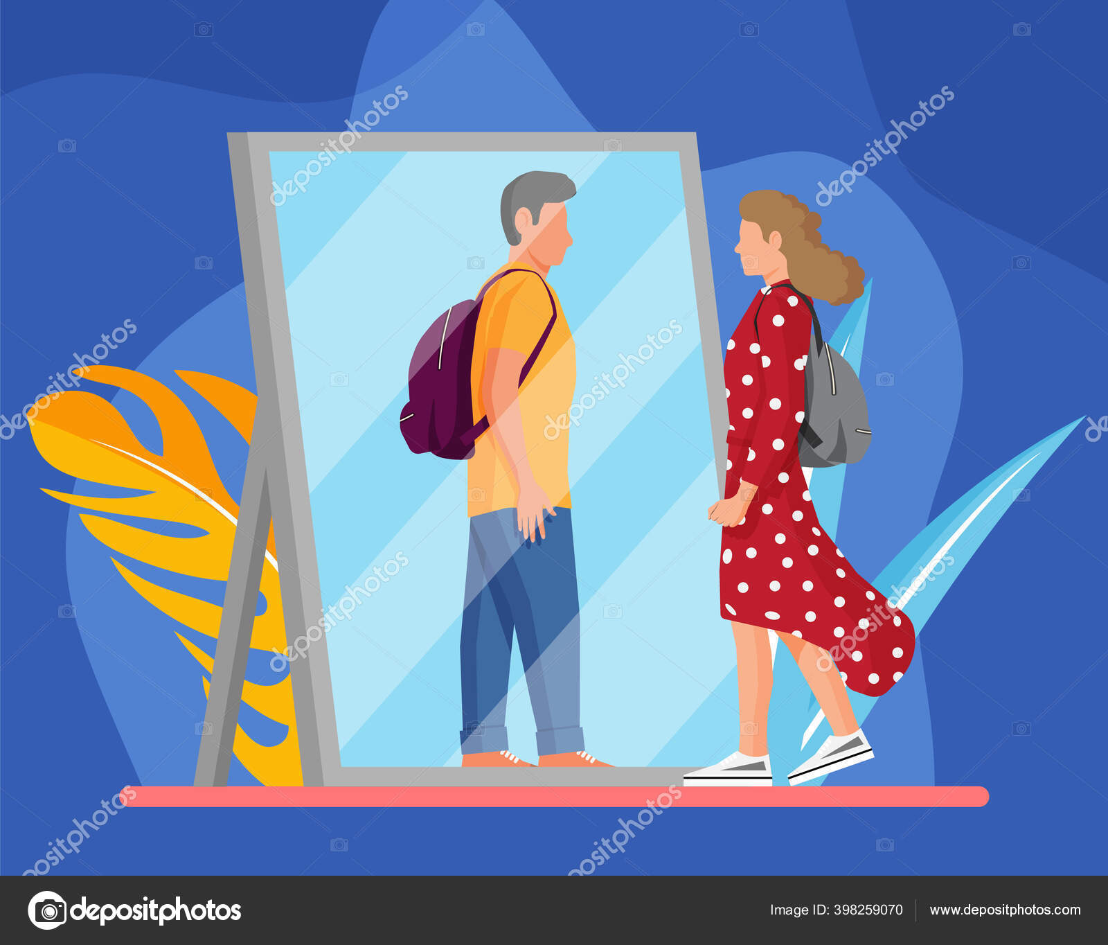 Woman transgender looking in mirror and seeing man Stock Vector by