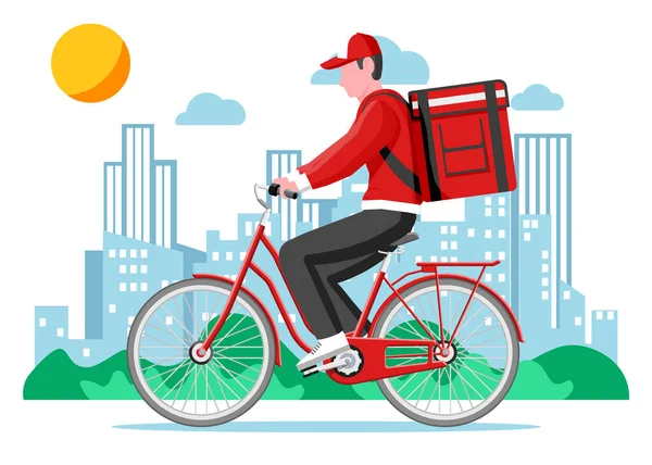 送货人骑自行车和箱子 在城市快速送货的概念 带着包裹盒的男性信使背着货物和产品 卡通平面矢量插图 — 图库矢量图片