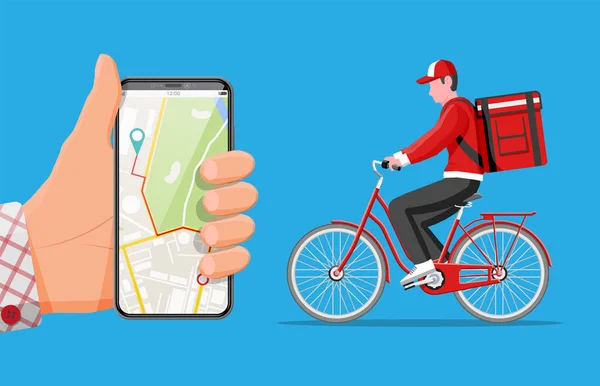 Smartphone mit App und Fahrradfahrer — Stockvektor
