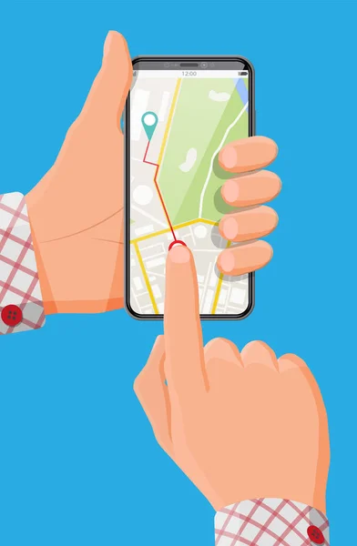 Smartphone moderno con mapa y marcador en la mano — Vector de stock