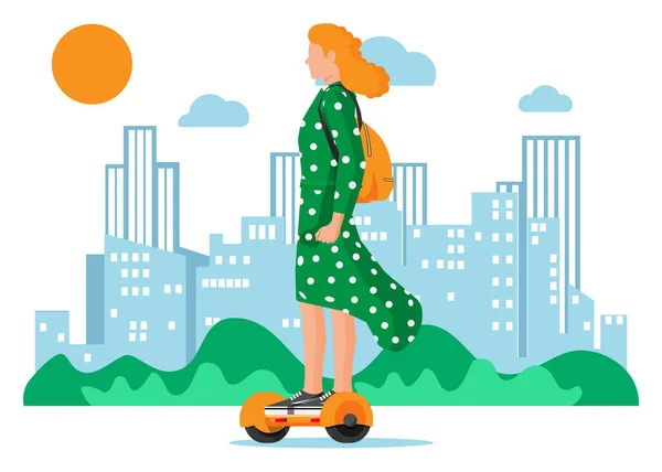 Femme chevauchant sur hoverboard et paysage urbain — Image vectorielle