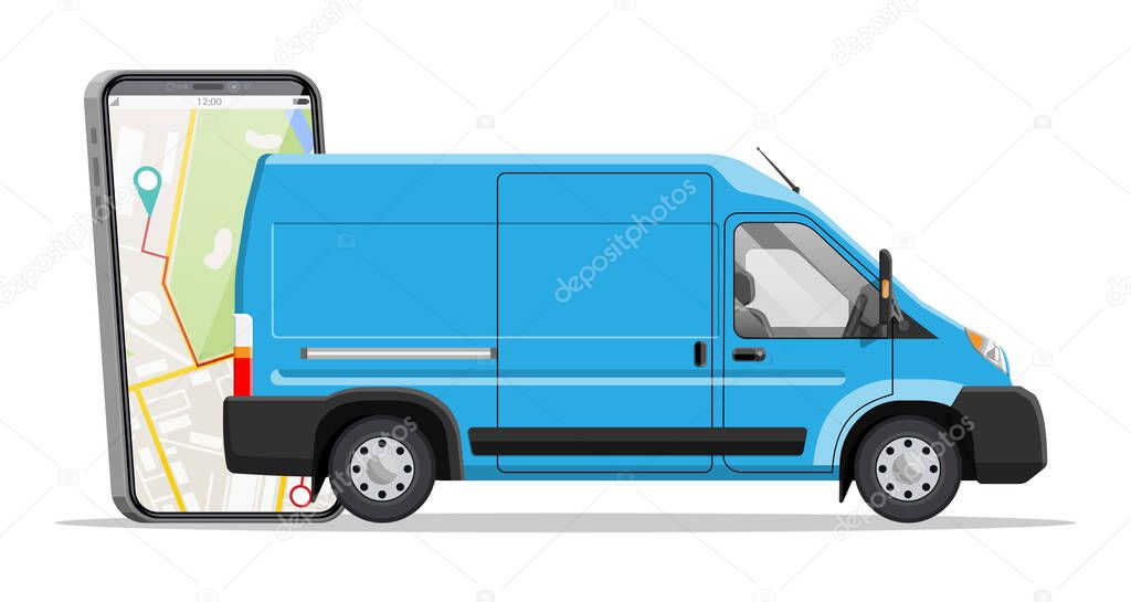 Delivery van and smartphone with navigation app.