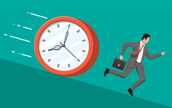 Бизнесмен быстро бежит от больших часов