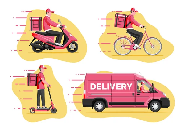 Delivery man on van, scooter, motorbike, bicycle. — Stock Vector