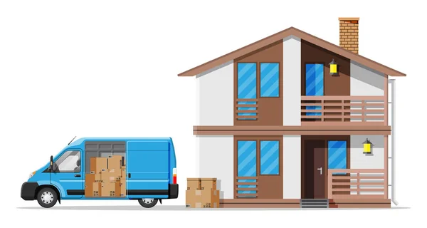Entrega furgoneta llena de cajas de cartón y casa — Vector de stock