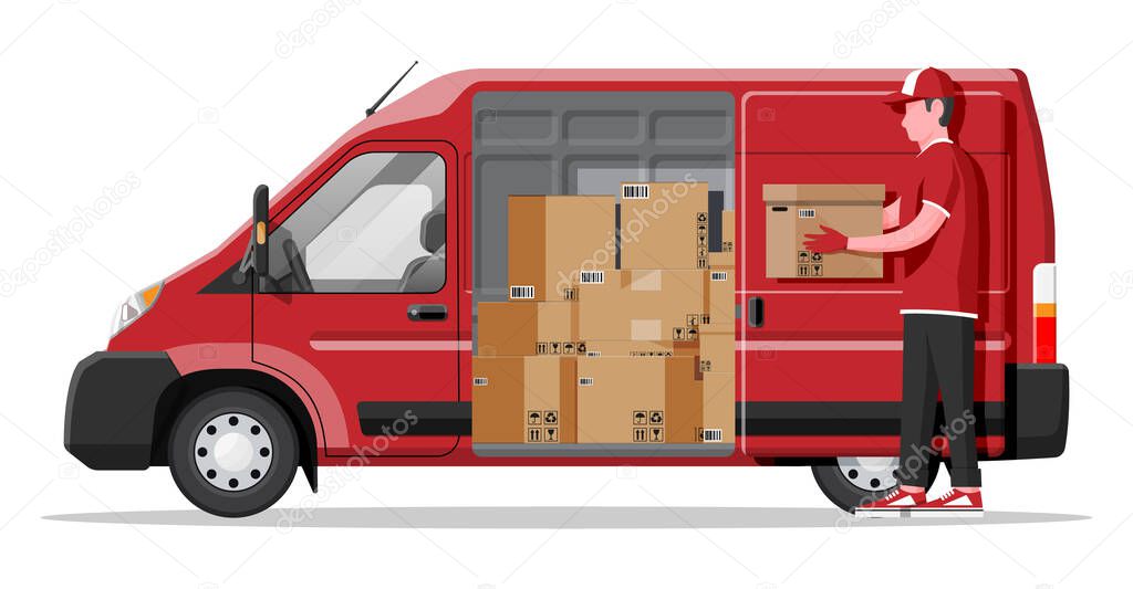 Delivery van full of cardboard boxes isolated