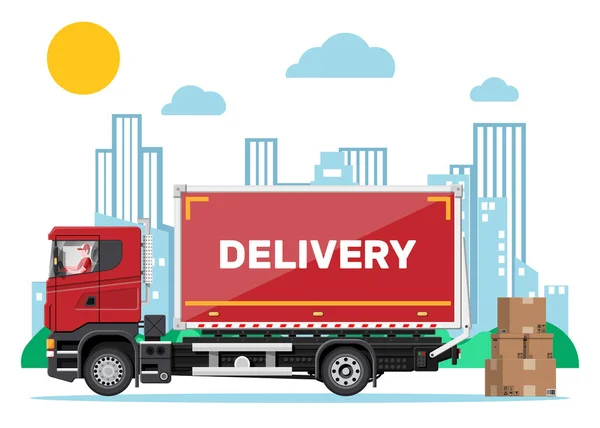 Camion de livraison rouge et boîtes en carton, paysage urbain — Image vectorielle