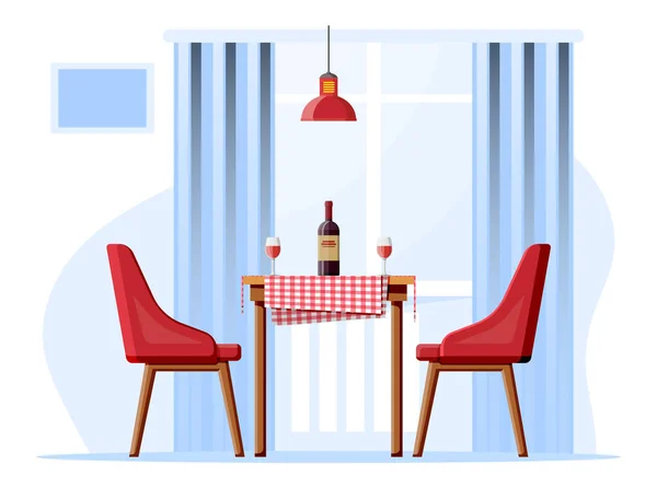 Mesa com cadeiras, candeeiro. Garrafa de vinho, copos — Vetor de Stock