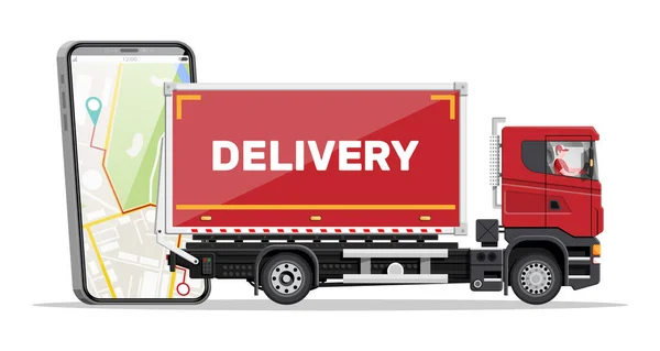 Consegna camion e smartphone con app di navigazione. — Vettoriale Stock