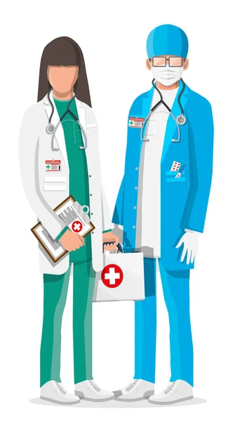 Dois médicos de casaco com estetoscópio e caso — Vetor de Stock