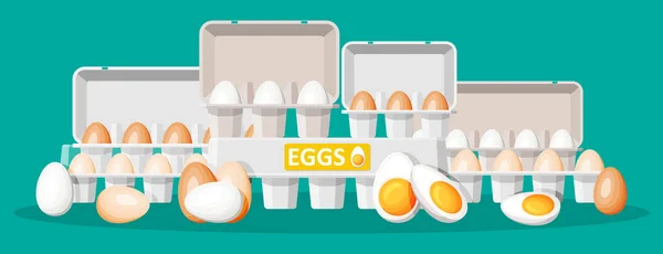 Ponga los huevos en un paquete de cartón aislado en verde. — Vector de stock