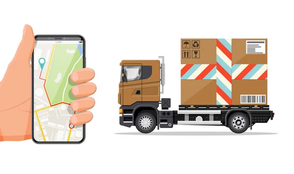 네비 게이션 앱이 있는 배달 트럭과 스마트폰. — 스톡 벡터