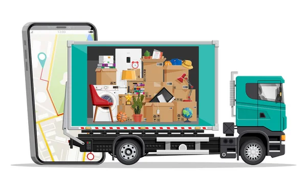Samochód ciężarowy z artykułami gospodarstwa domowego, smartfon z mapą. — Wektor stockowy