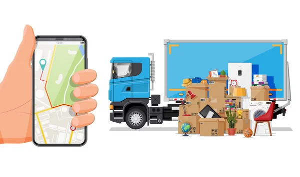 Camion avec articles ménagers, smartphone avec carte. — Image vectorielle