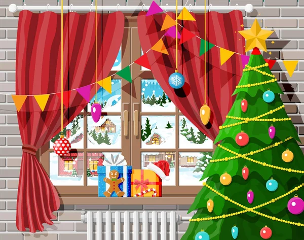 Útulný interiér místnosti s vánoční stromeček. — Stockový vektor