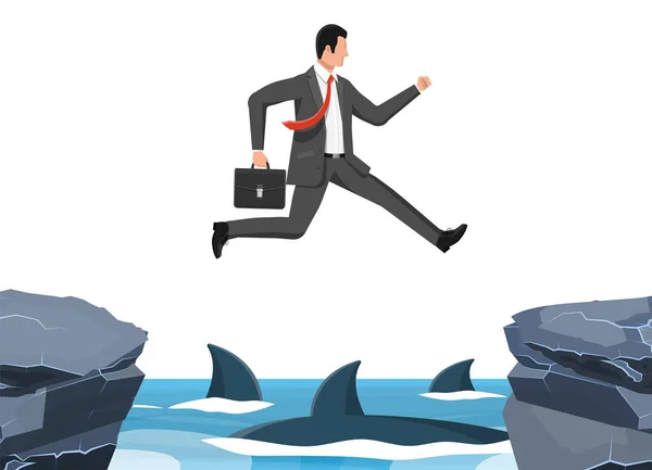 Businessman jumping over shark in water. — Stock Vector