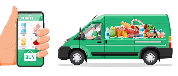 Yemek ve akıllı telefon dolu bir minibüs.. — Stok Vektör