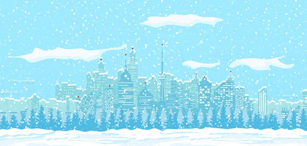 Paisaje urbano de invierno de Navidad, copos de nieve y árboles — Archivo Imágenes Vectoriales