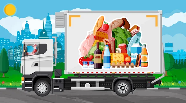 Carro de caminhão cheio de produtos alimentares. — Vetor de Stock