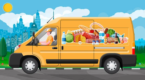 Автомобіль Van повний продуктів харчування . — стоковий вектор