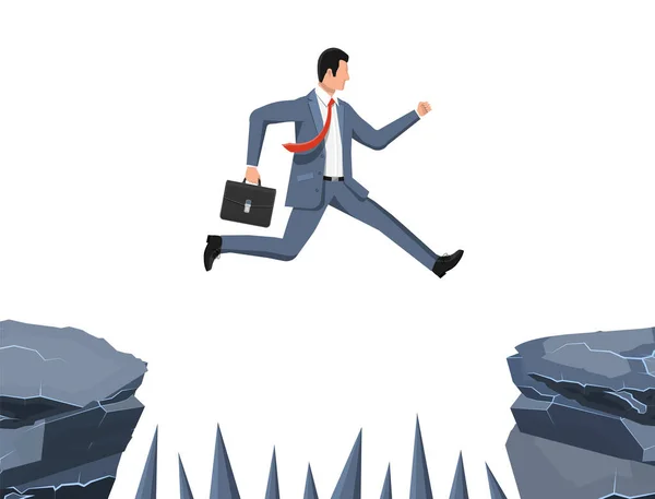Empresário salta para a meta através do abismo. — Vetor de Stock