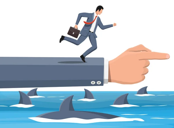 Zakenman loopt bij de hand over haai in het water. — Stockvector