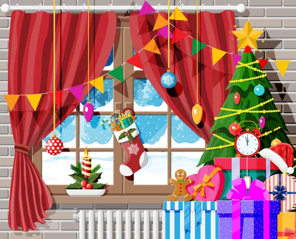 Acogedor interior de la habitación con árbol de Navidad. — Vector de stock