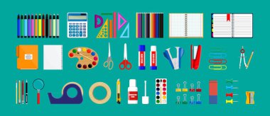 Çeşitli okul ve ofis malzemeleri seti. Eğitim araçları koleksiyonu. Çalışma ve öğrenim için kırtasiye ögeleri, düz biçim.