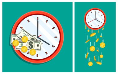 Zaman ve para yönetimi kavramı. Dolar banknotları ve sikkeleri olan saat zaman içinde kar veya mali kazanç kaybını gösteriyor.