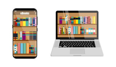 Akıllı telefon ve laptop ekranında elektronik kütüphane. Çevrimiçi kitapçı konsepti. Dijital uzaktan öğrenme. E- okuyucu için kitapçı uygulaması.