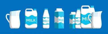 Süt ürünleri seti. Kutu, şişe, sütle dolu sürahi kutusu. Süt ürünleri koleksiyonu. Market için sağlıklı besin.
