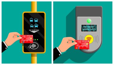 Temassız ödeme terminali üzerinden kredi kartı kullanan bir adam. Toplu taşıma ücreti işlemi onaylandı. Düz illüstrasyon için dijital satın alma teknolojisi kavramı.