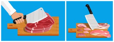 Ahşap tahtada satırla çiğ et kesen adam. Menü veya tarif için yiyecek hazırlama kavramı.