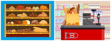 Marketteki fırın bölümünde raflarda bir sürü fırın ürünü ve ekmek dolu bir çanta var. Taze yiyecekleri olan süpermarket..