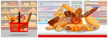 Süpermarketten fırında mal alan bir adam. Market için çeşitli ekmek, ekmek, simit ve kraker çeşitleri..