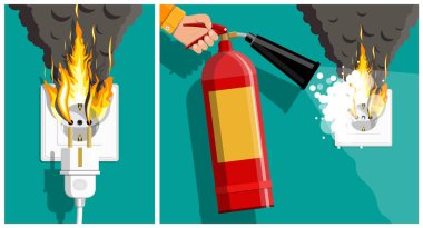 Elektrik prizi ve yangını dumanla söndürün. Yangını söndürmek için yangın söndürücü kullanan bir adam. Elektrik güvenliği ve acil durum kavramı.
