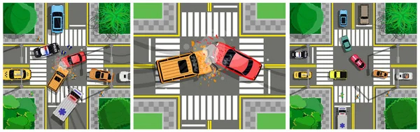 Şehir kavşağında trafik kazası. Polis ve ambulansla trafik kazası. Trafik güvenliği ve acil müdahale kavramı.