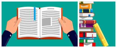 Mavi yer imli açık kitap okuyan bir adam. Renkli kapaklı bir yığın kitap. Eğitim ve bilgi kavramı. Öğrenme ve kitaplık ortamı.
