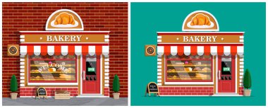 Modern pastanenin dış tarafında karşılama tabelası ve taze pişmiş ürünler var. Kafe cephesi veya pastane için düz biçim vektör illüstrasyonu.