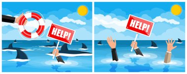 Adamın yardıma ihtiyacı var, el işareti ile uzanıyor. Boğulan adam yardım istiyor. İş başarısızlığı, kriz, finansal sorunlar. Kaydetme kavramı.