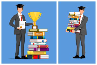 Man graduate in cap holding diploma with golden trophy on stack of book. Student carrying huge book pile. Education concept.