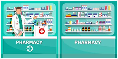 Man pharmacist with document and bag on counter. Pharmacy store or drug shop interior concept. Medical healthcare.
