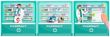 Man pharmacist with medical tools and prescription paper collection. Pharmacy medicine store flat illustration design.