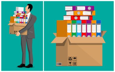 Businessman carrying a box with file folders. Office move or document archive concept. Business relocation illustration.