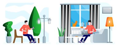 Man relaxing outdoor with phone and man working at laptop remote at home. Flat style vector creative illustration collection.